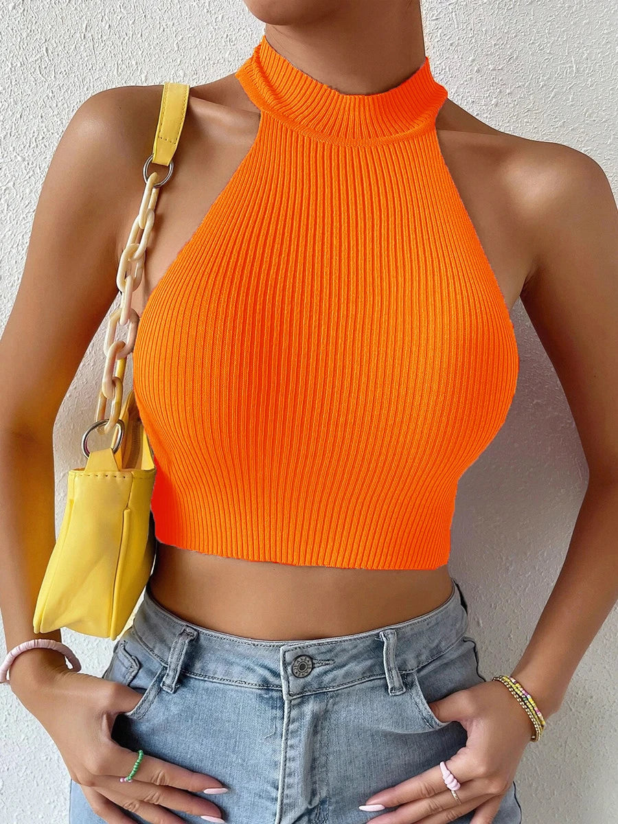 Rippstrick Halter Crop Top – Sexy Rückenfreies Basic Top im Y2K-Stil